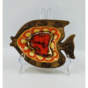 Vintage Treasure Craft Fish dish drip orange glaze Made In USA MCM Wood carved